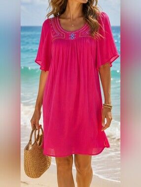 Isa & Ella Gawzy hot pink boho resort  embroider flutter sleeve dress cover up S